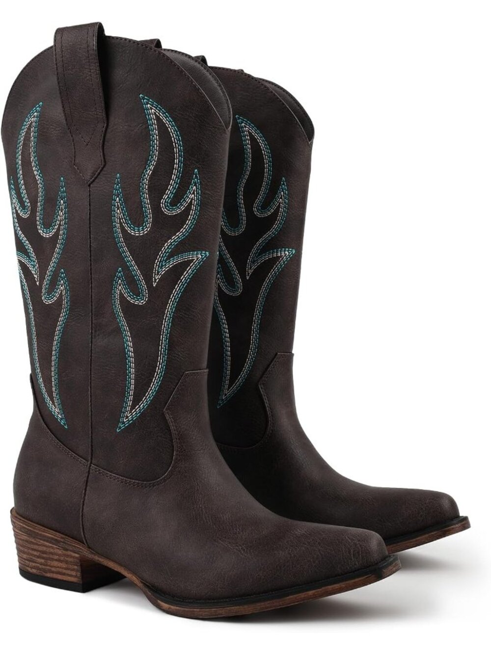 Women Dark Brown Mid Calf Cowgirl Boots with Embroidered Pointed Toe Chunky Heel - Picture 7 of 7